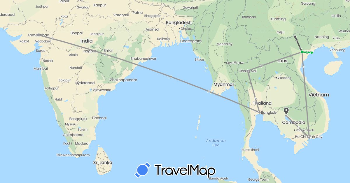TravelMap itinerary: driving, bus, plane, motorbike in India, Cambodia, Thailand, Vietnam (Asia)